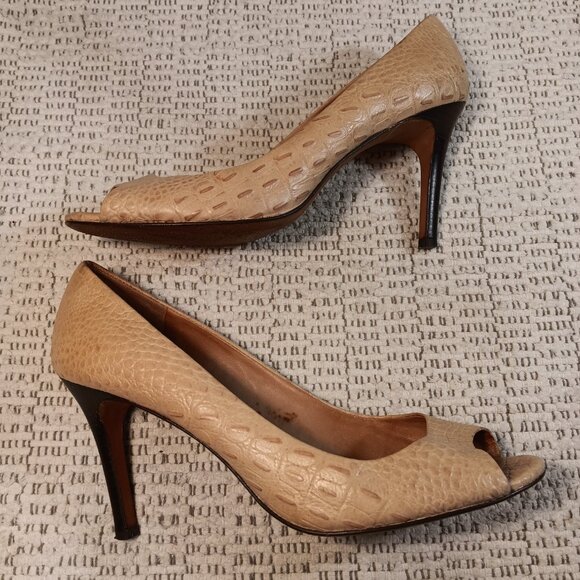 Ann Taylor women's beige leather croc embossed peep toe high heel shoes sz 9.5 M - Picture 5 of 13
